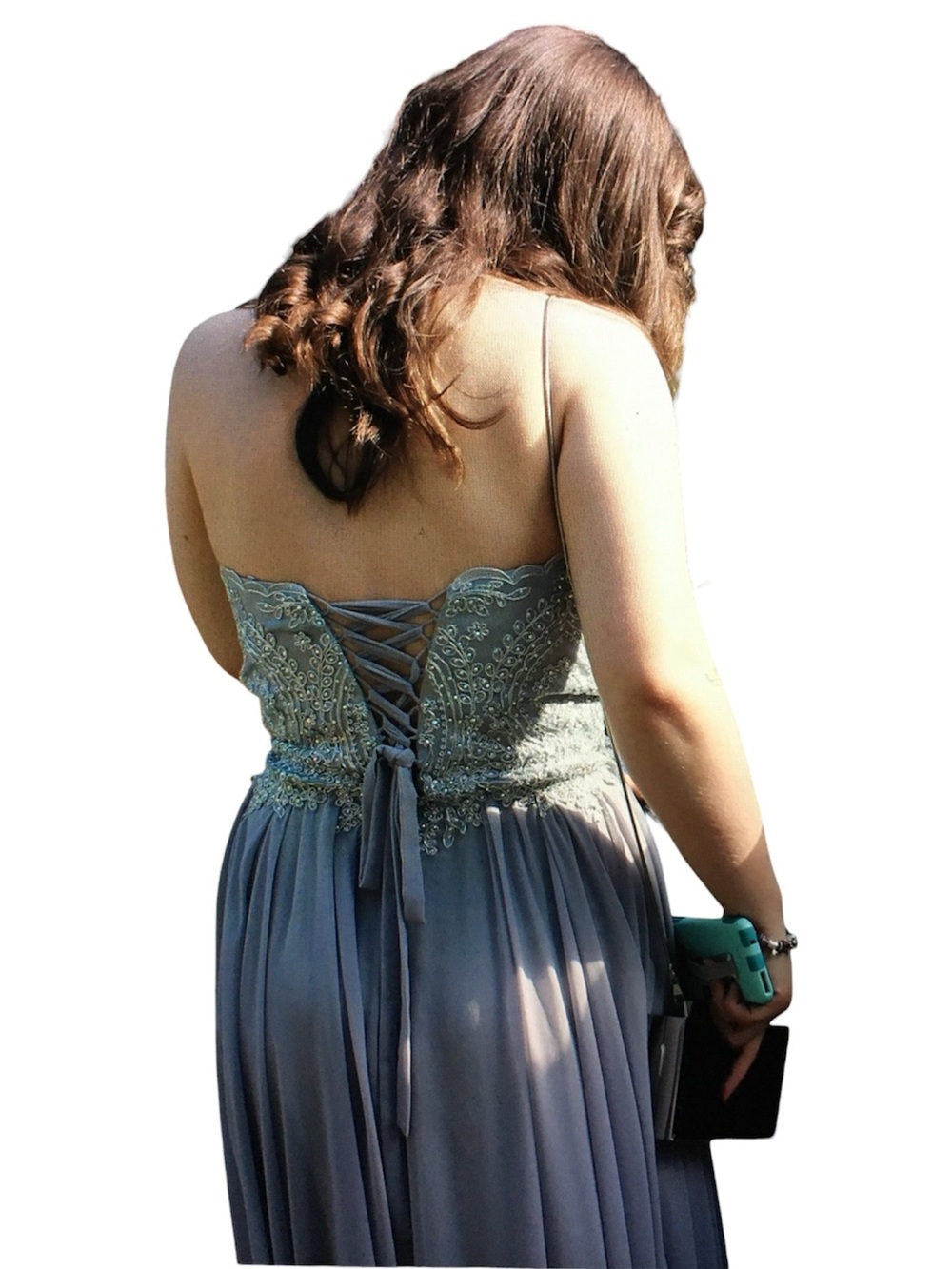 Strapless Grey-Blue Prom Evening Gown with Sweatheart Neckline and Corset Back - Picture 2 of 16
